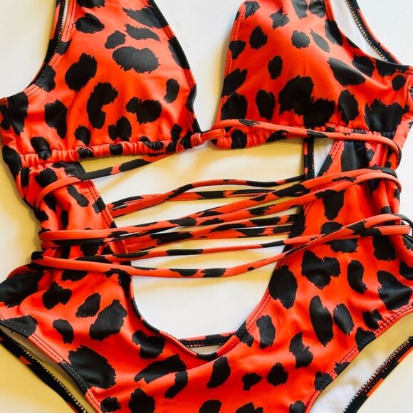 Leopard Print Plunging V-Neck Lace Up Swimsuit Small Red Orange Animal High Cut - Picture 5 of 14